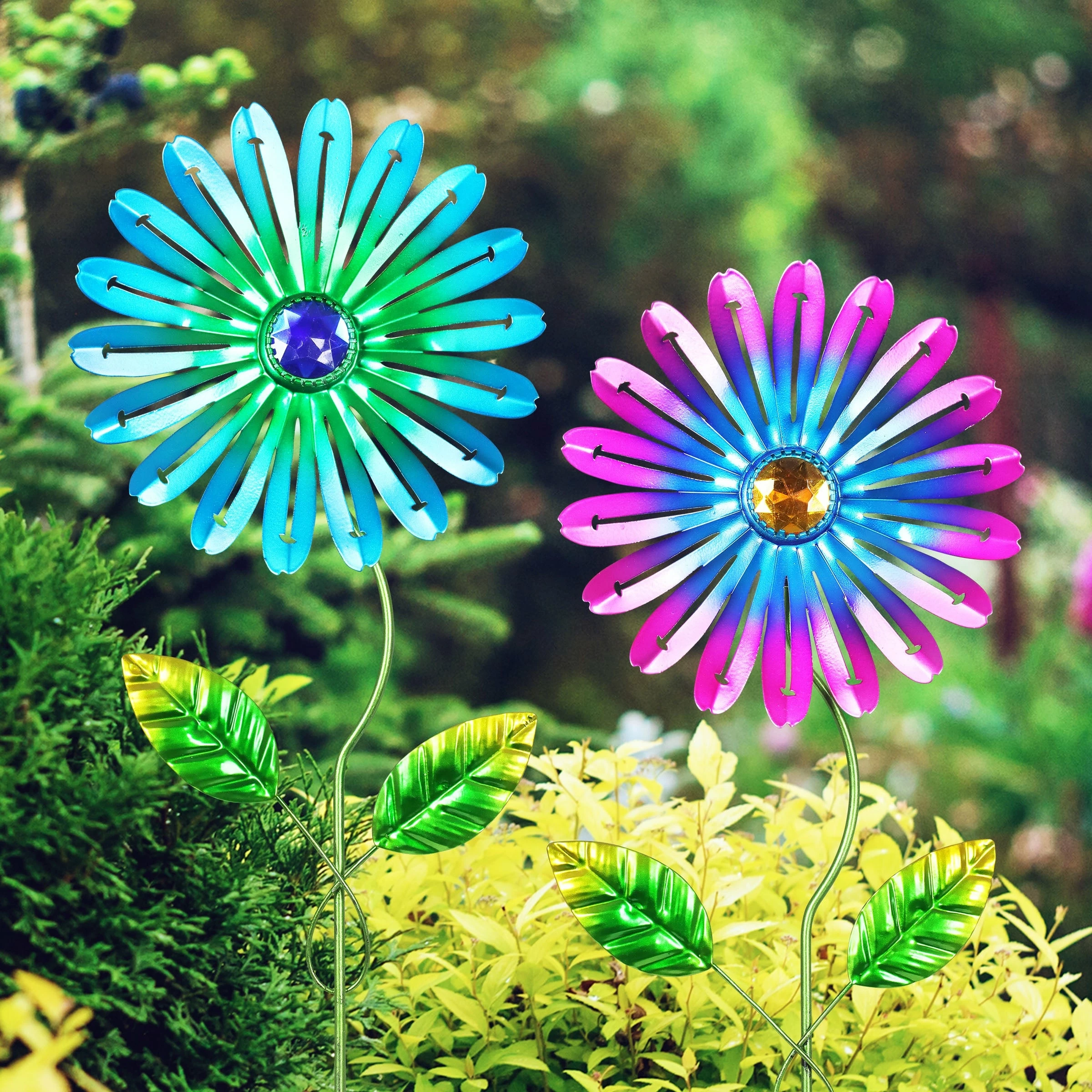 Flash Sale π₯° Coupon π Exhart 2 Piece Metal Zinnia Flower Stake Set With Jewel Center In Teal And Pink, 6 By 15.5 Inches π― π - Image 2