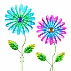 Flash Sale 🥰 Coupon 🌟 Exhart 2 Piece Metal Zinnia Flower Stake Set With Jewel Center In Teal And Pink, 6 By 15.5 Inches 💯 😀