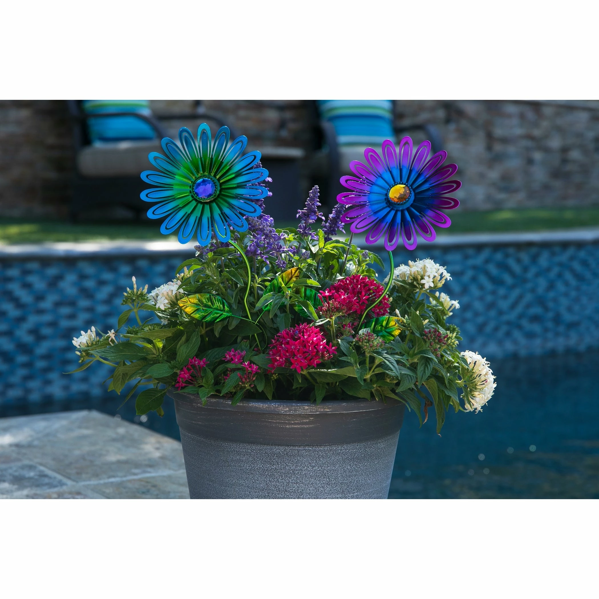 Flash Sale π₯° Coupon π Exhart 2 Piece Metal Zinnia Flower Stake Set With Jewel Center In Teal And Pink, 6 By 15.5 Inches π― π - Image 7