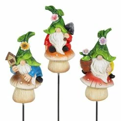 Cheap ⌛ New 💯 Exhart 3 Piece Set Of Leaf Hat Gnomes Sitting On Mushrooms Pot Stakes, 2 By 9 Inches 💯 ❤️