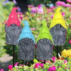 Discount 👏 Buy 🔥 Exhart 4 Piece Grey Gnomes With Colorful Hats Plant Stake Assortment In Blue, Green, Pink And Yellow, 3 By 16 Inch 🧨 ✔️