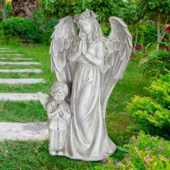 Wholesale 🎉 Cheapest ⭐ Exhart Angel And Little Boy Angel Resin Garden Statue With LED Halo On A Battery Powered Timer, 8 By 14 Inches 🥰 🛒