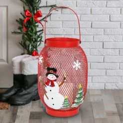 Wholesale 🎁 Hot Sale 😉 Exhart 🎄 ❄ Christmas Snowman Lantern With LED Candle On A Battery Powered Timer, 14.5 Inch 🛒 🌟
