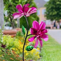 Best Sale 🥰 Promo 👍 Exhart Double Rose Wind Spinner Garden Stake Hand Painted In Metallic Pink, 12 By 39 Inches 😍 😍
