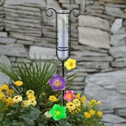 Best deal ✨ Coupon 🎁 Exhart Glass And Metal Rain Gauge Garden Stake With Hand Painted Yellow, Purple, Pink And Green Flowers, 42 Inches 🎁 💯