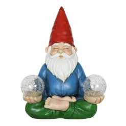 Budget 🧨 Hot Sale 👏 Exhart Good Time Solar Gnamaste Meditating Yoga Gnome With Two Crackle Glass Firefly Balls Garden Statue, 11 Inch 🌟 🛒