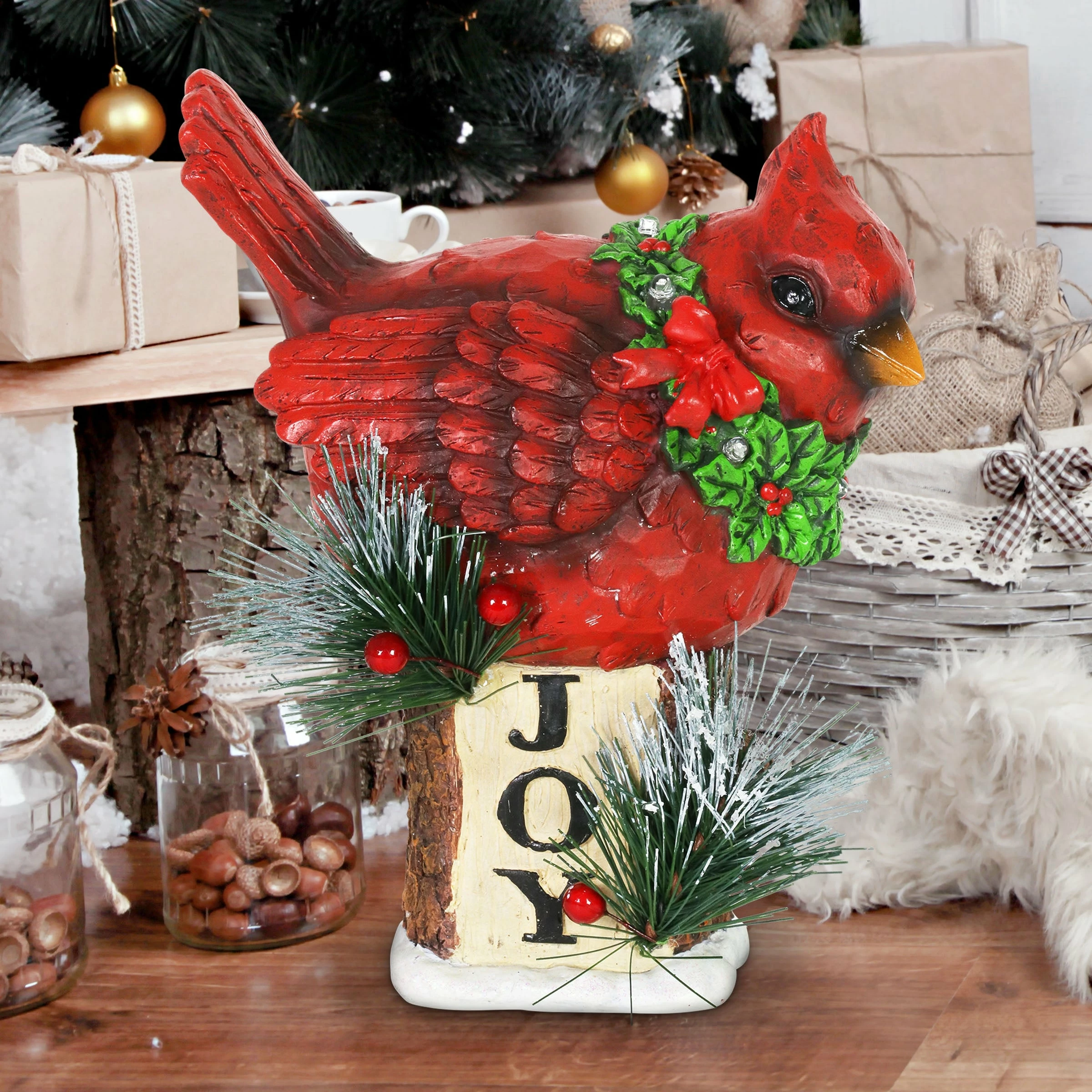 Wholesale β Best Pirce π Exhart Hand Painted π π Christmas Cardinal With LED Garland On Joy Sign Statuary With A Battery Powered Timer, 8.5 Inch π€© π
