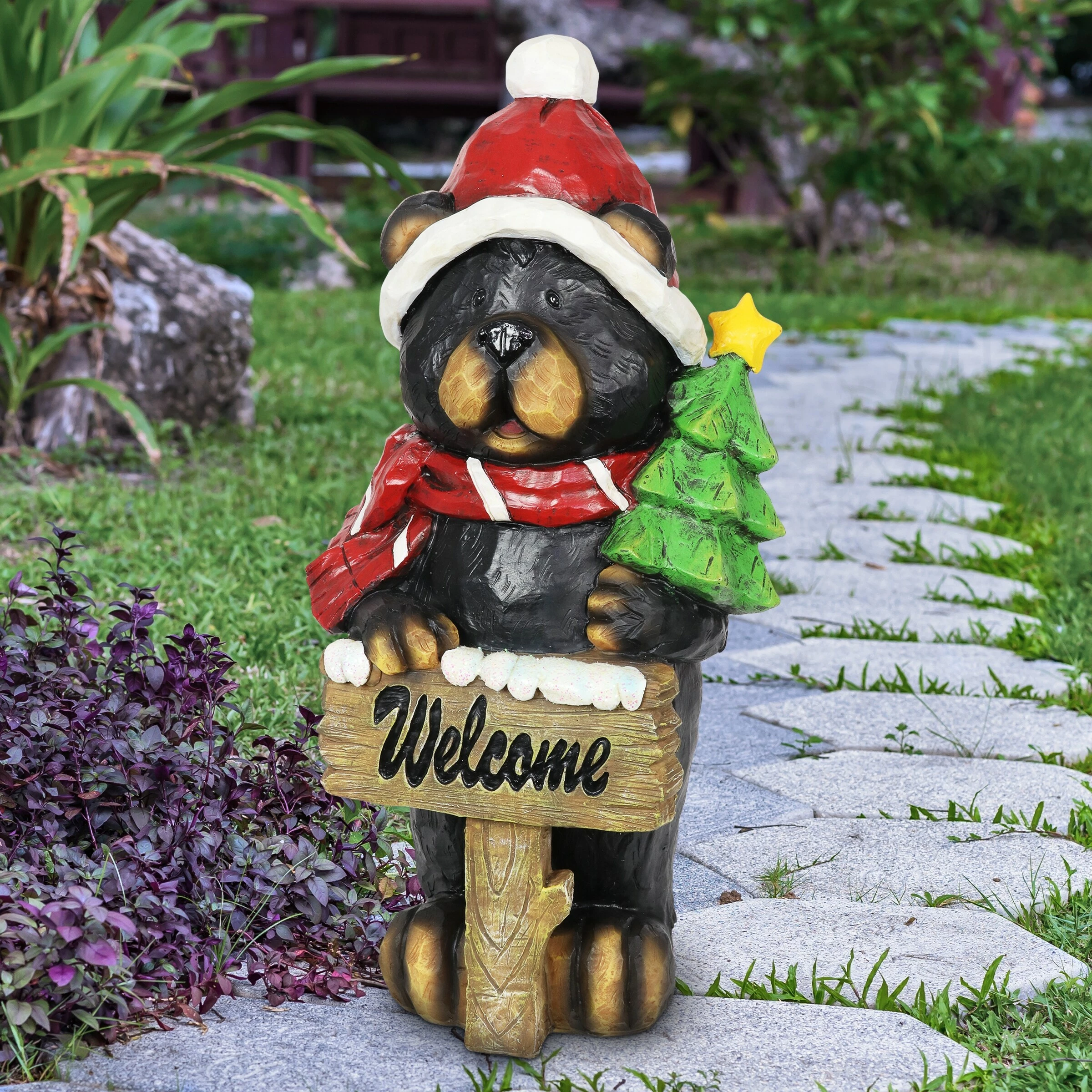 Buy π Discount β Exhart Hand Painted Holiday Bear Statue With Welcome Sign And π π Christmas Tree, 11.5 Inches 𧨠π - Image 2