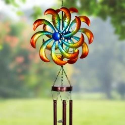 Hot Sale 🧨 New 🔥 Exhart Large Rainbow Dual Spinner Metal Wind Chime, 13 By 47 Inches 😍 🔔
