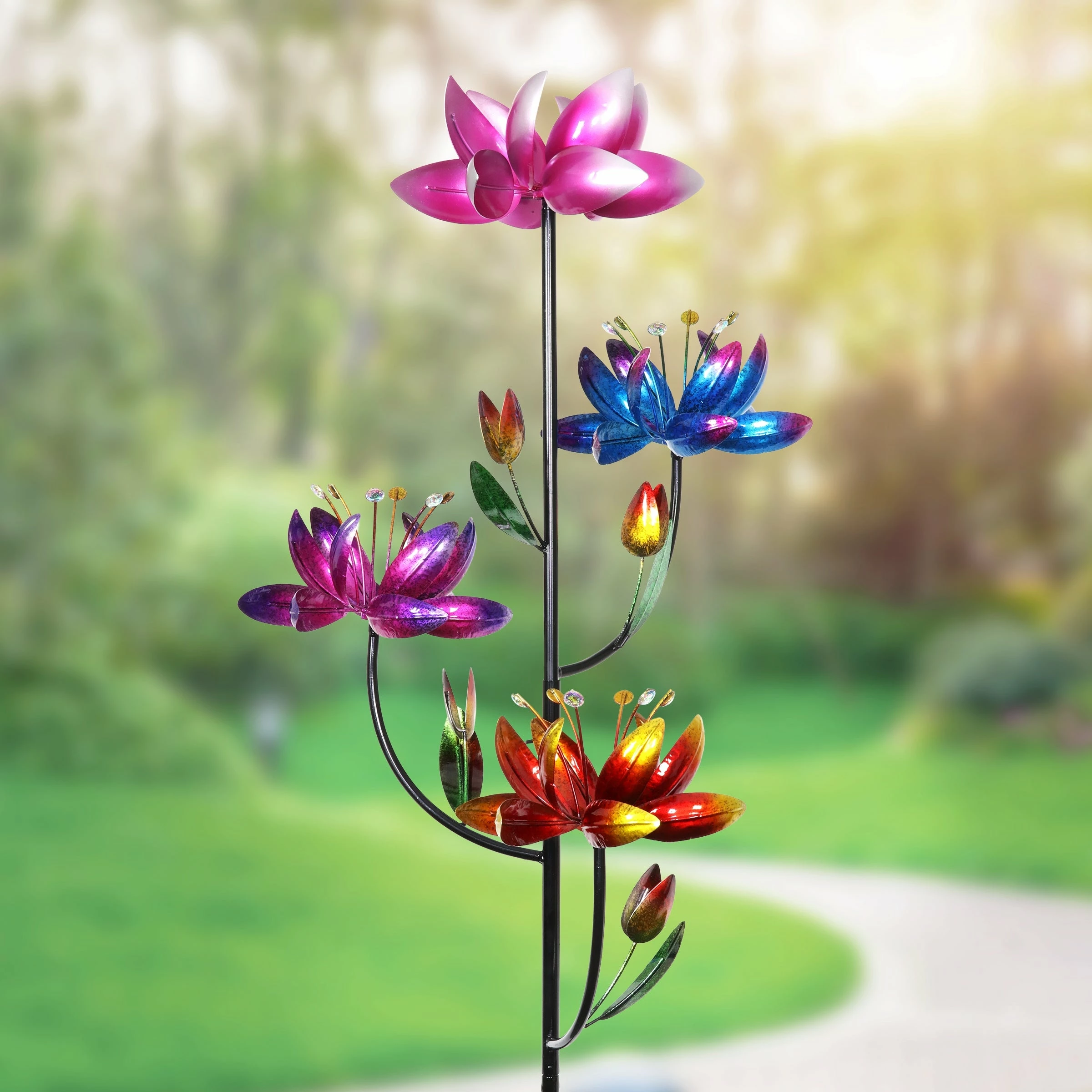 Best deal 𧨠Wholesale π― Exhart Lotus Flower Wind Spinner Garden Stake With Four Metallic Flowers, 20 By 92 Inches π β - Image 2