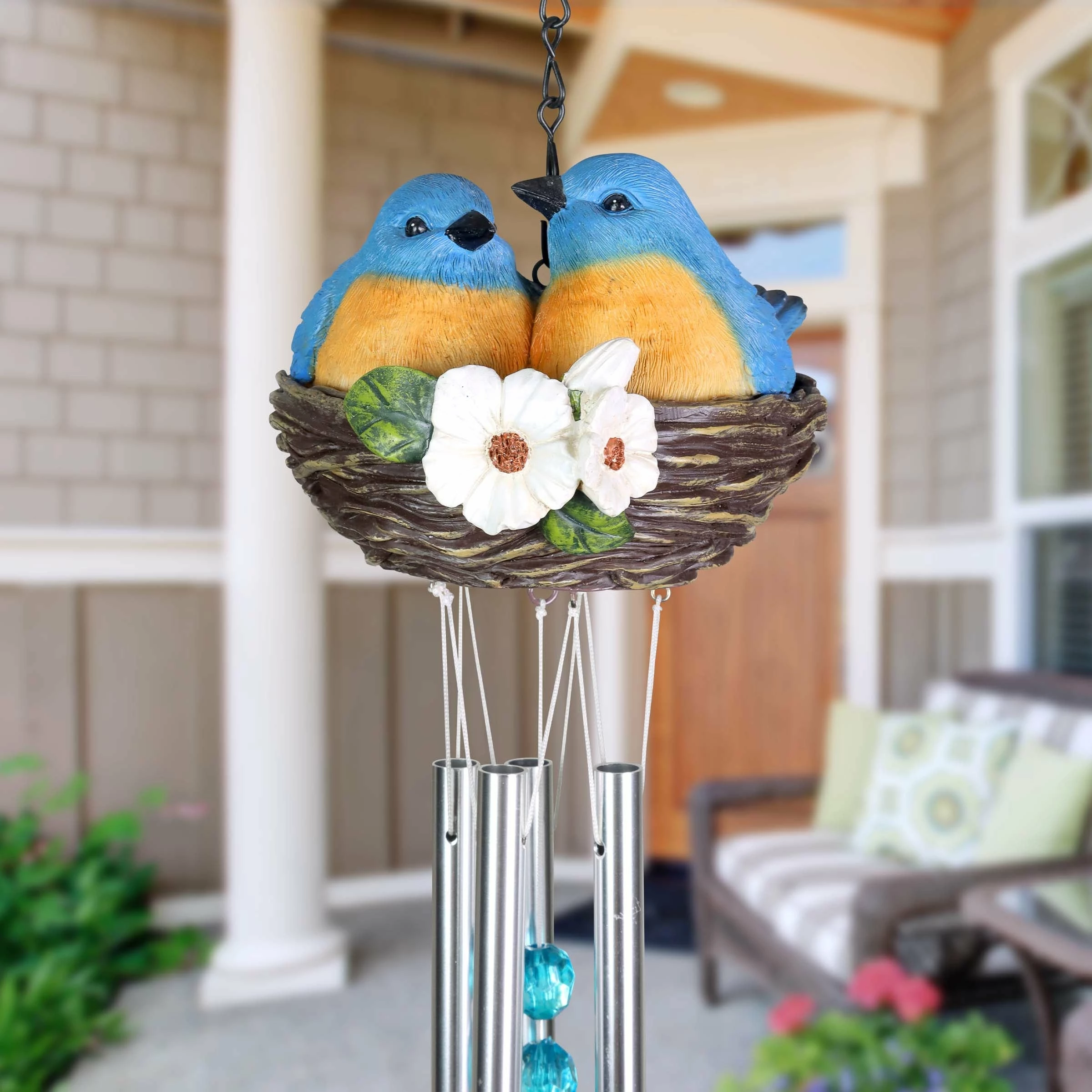 Best reviews of π Top 10 π€© Exhart Nesting Blue Birds With Flowers Hand Painted Resin Hanging Wind Chime, 6 By 28 Inches β¨ π€© - Image 2