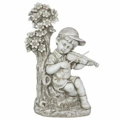 Cheap 👏 Wholesale ✨ Exhart Solar Boy Playing Violin Under A Tree Statue In Natural Resin Finish, 19 Inch 🤩 ⌛