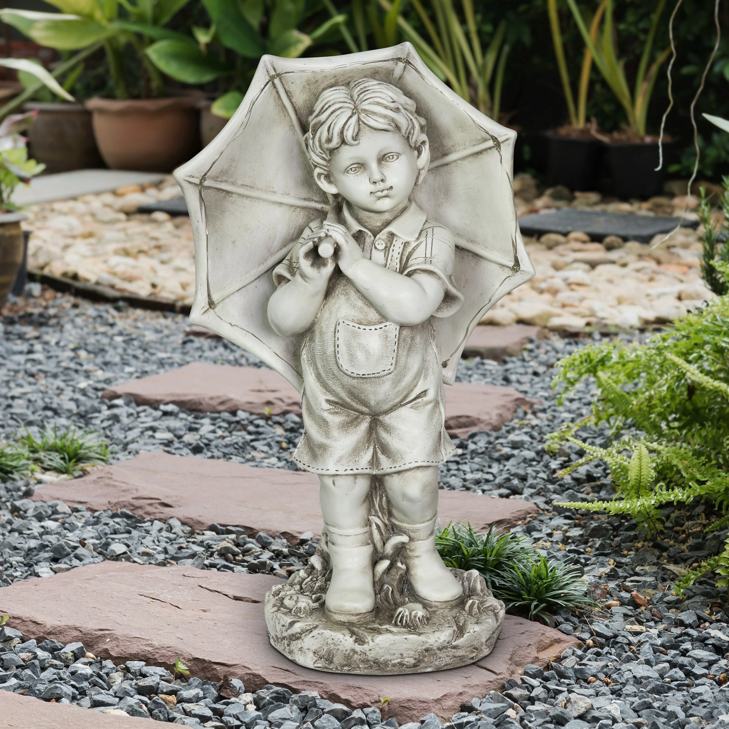 Buy ✨ Flash Sale ⭐ Exhart Solar Boy With Umbrella Statue In Natural Resin Finish, 19 Inch 🛒 🤩 - Image 3