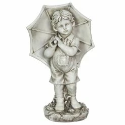 Buy ✨ Flash Sale ⭐ Exhart Solar Boy With Umbrella Statue In Natural Resin Finish, 19 Inch 🛒 🤩