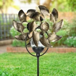 Discount ❤️ Buy 🎁 Exhart Solar Color Changing Double Windmill Wind Spinner Garden Stake In A Bronze Finish With Crackle Glass Details 🛒 🧨 -Exhart Shop Exhart Solar Color Changing Double Windmill Wind Spinner Garden Stake in a Bronze Finish with Crackle Glass Details