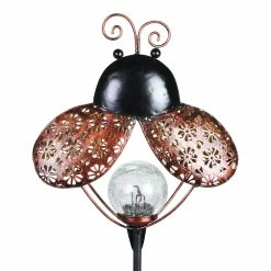 Promo 👏 Budget 🎉 Exhart Solar Filigree Metal Ladybug Stake With Glass Crackle Ball Center In Bronze, 7.5 By 39 Inches ❤️ 🔥