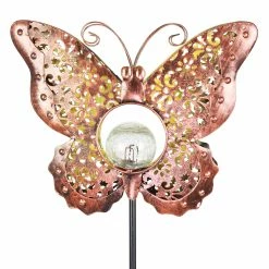 Budget 😀 Promo 🌟 Exhart Solar Fleur De Lis Filigree Metal Butterfly Stake With Glass Crackle Ball Center In Bronze, 11.5 By 39 Inches ✔️ 💯