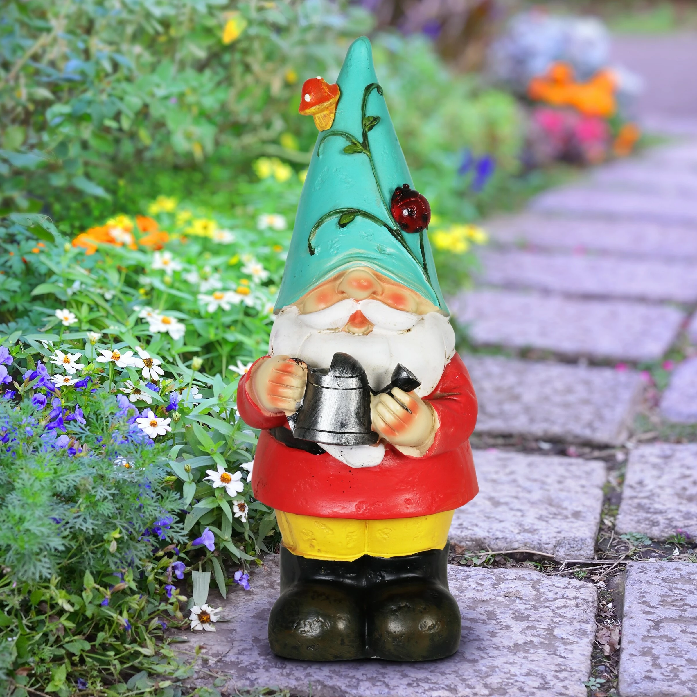 Discount π€© Cheapest π€© Exhart Solar Floral Hat Garden Gnome Statue, 10 Inch Green π π - Image 3