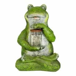 Hot Sale 😍 Brand new 🛒 Exhart Solar Frog Garden Statue Holding A Glass Jar With Six LED Fairy Firefly String Lights, 6 By 11 Inches 🔔 😉