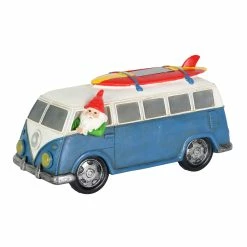Brand new 🎉 Best Sale ⌛ Exhart Solar Gnome In Blue Retro Van With LED Headlights And Surfboard Garden Statuary, 5.5 Inches Tall 🧨 ✔️