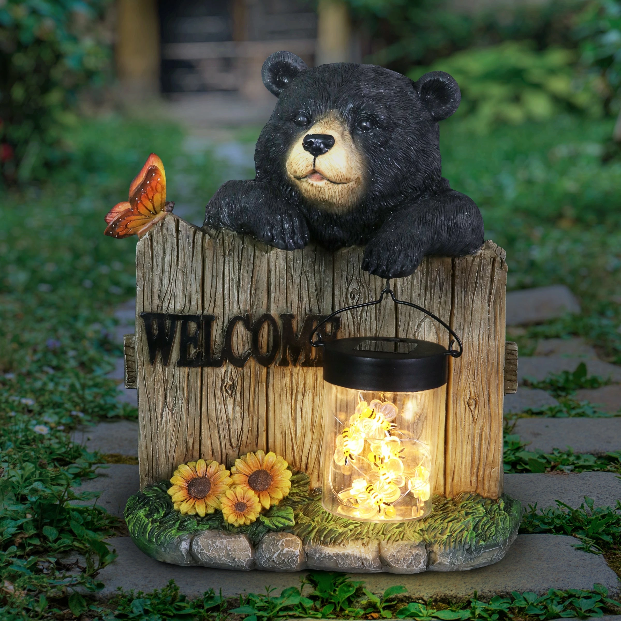 Deals π Deals π Exhart Solar Hand Painted Bear Garden Statue With A Lantern Jar Of LED Bumblebees By A Welcome Fence, 9.5 By 11 Inches π π - Image 2