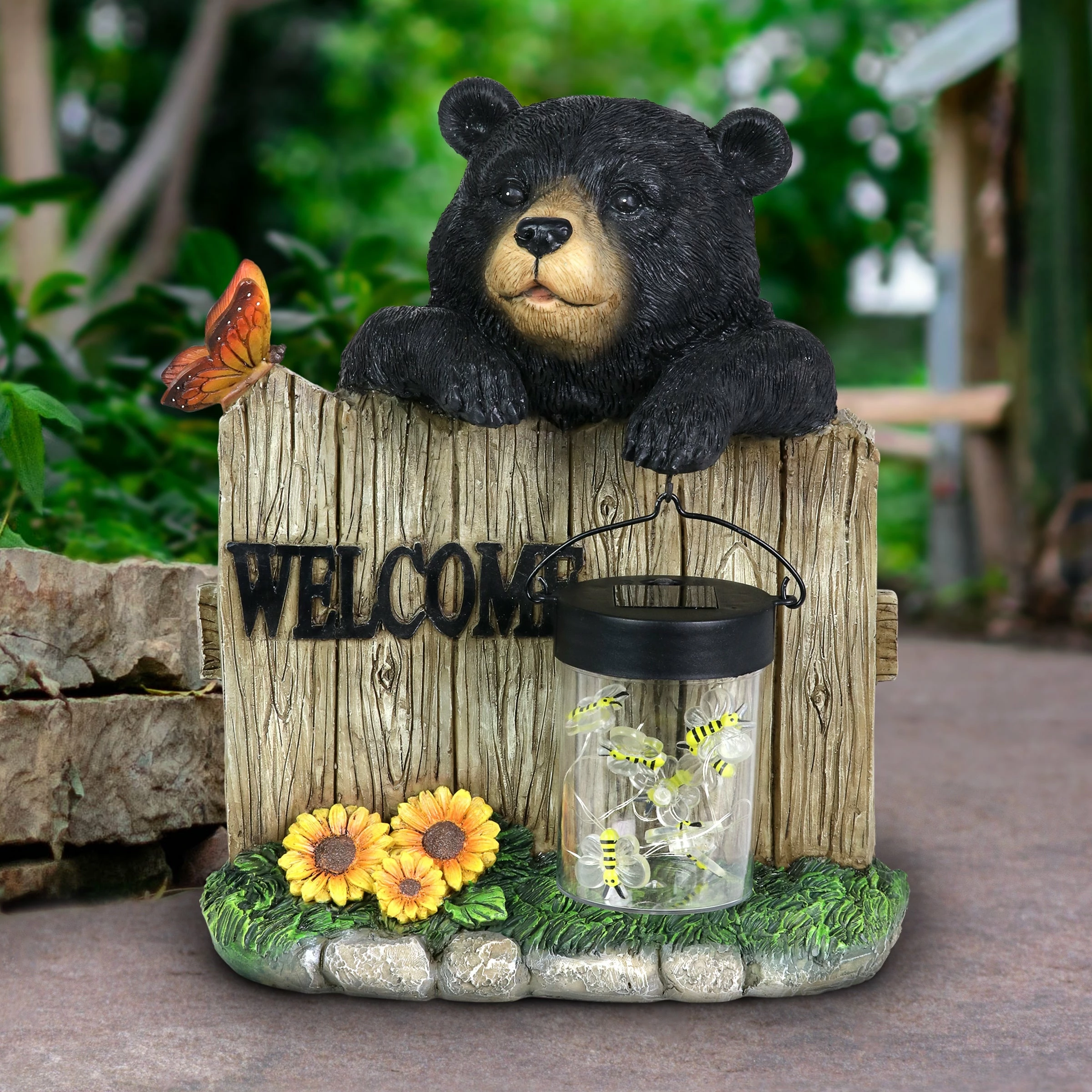 Deals π Deals π Exhart Solar Hand Painted Bear Garden Statue With A Lantern Jar Of LED Bumblebees By A Welcome Fence, 9.5 By 11 Inches π π - Image 3