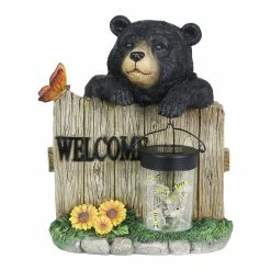 Deals 🔔 Deals 😍 Exhart Solar Hand Painted Bear Garden Statue With A Lantern Jar Of LED Bumblebees By A Welcome Fence, 9.5 By 11 Inches 🛒 🎁