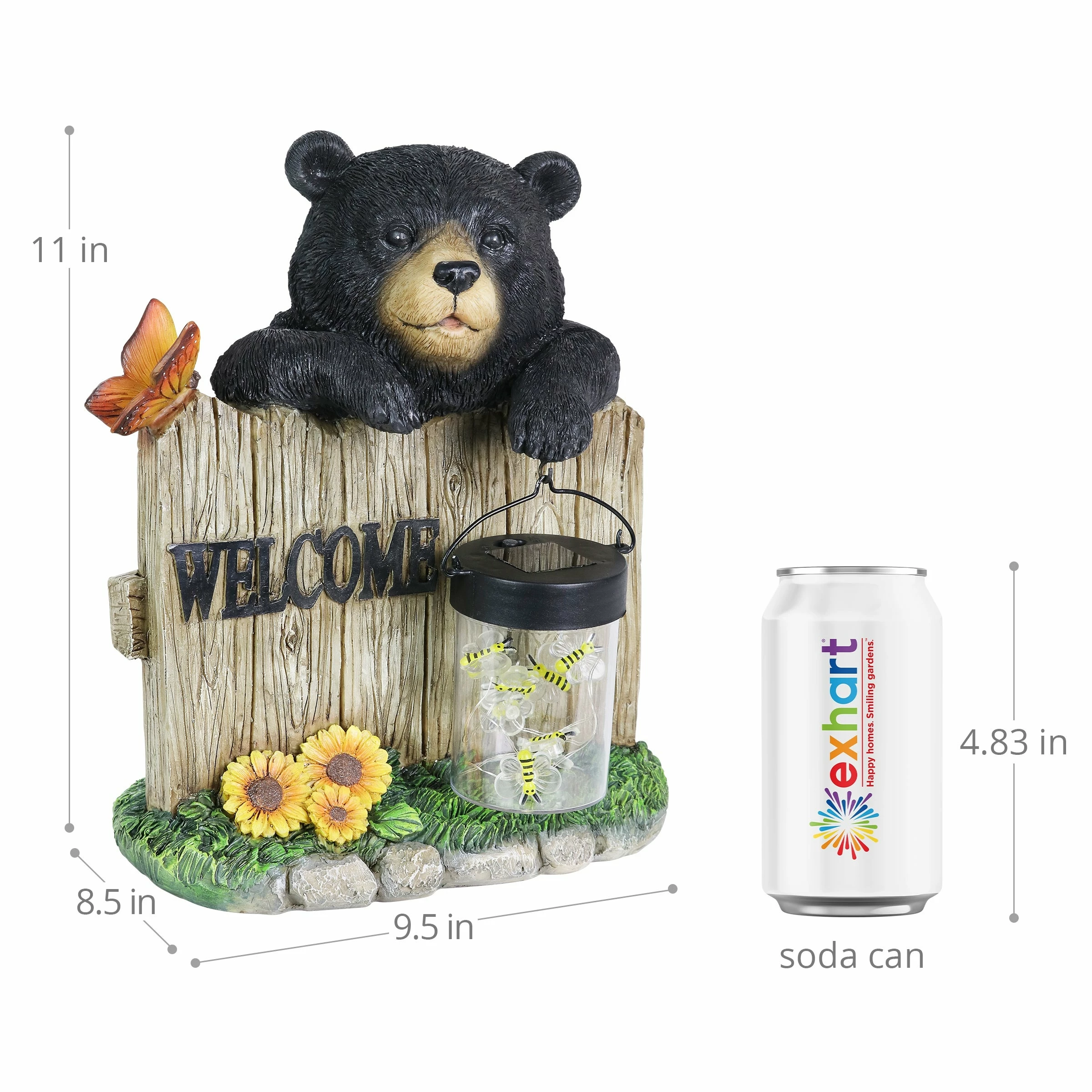 Deals π Deals π Exhart Solar Hand Painted Bear Garden Statue With A Lantern Jar Of LED Bumblebees By A Welcome Fence, 9.5 By 11 Inches π π - Image 4