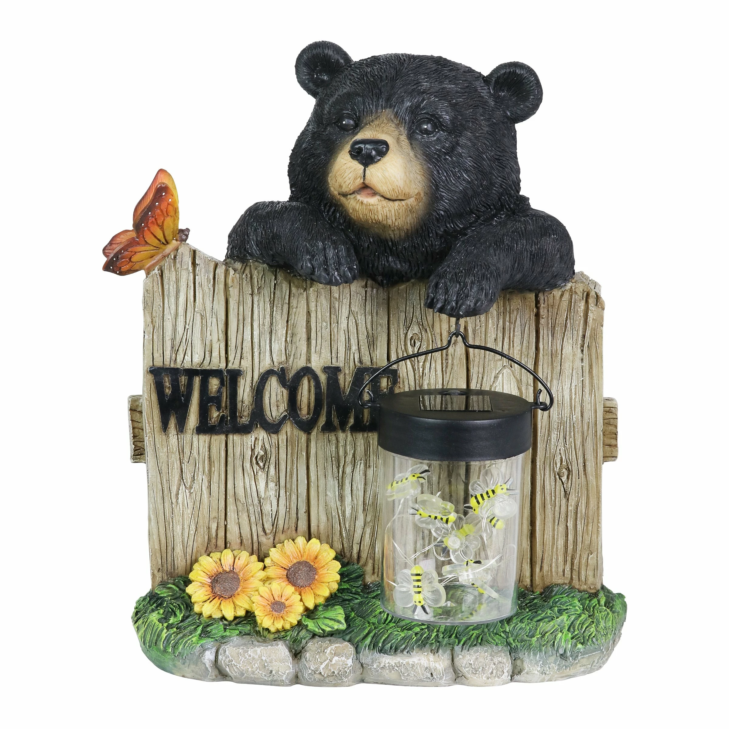 Deals π Deals π Exhart Solar Hand Painted Bear Garden Statue With A Lantern Jar Of LED Bumblebees By A Welcome Fence, 9.5 By 11 Inches π π