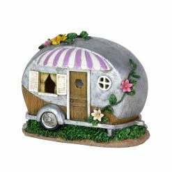 Flash Sale 🤩 Brand new 🎁 Exhart Solar Hand Painted Camping Trailer Statue With Lavender Awning, 5 By 6.5 Inches ⭐ 🛒