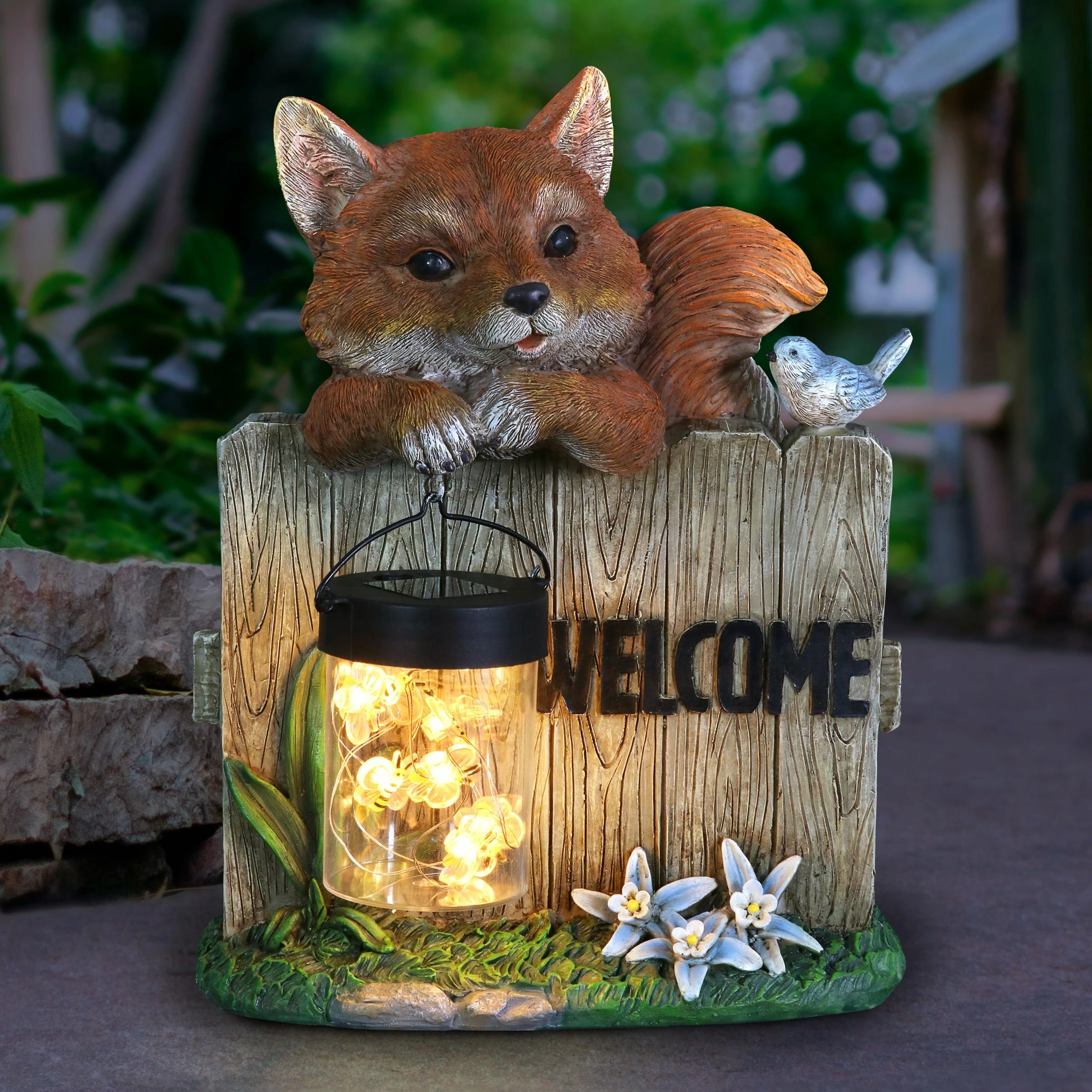 New π€© Budget π Exhart Solar Hand Painted Fox Garden Statue With A Lantern Jar Of LED Bumblebees By A Welcome Fence, 9.5 By 11 Inches π β - Image 2