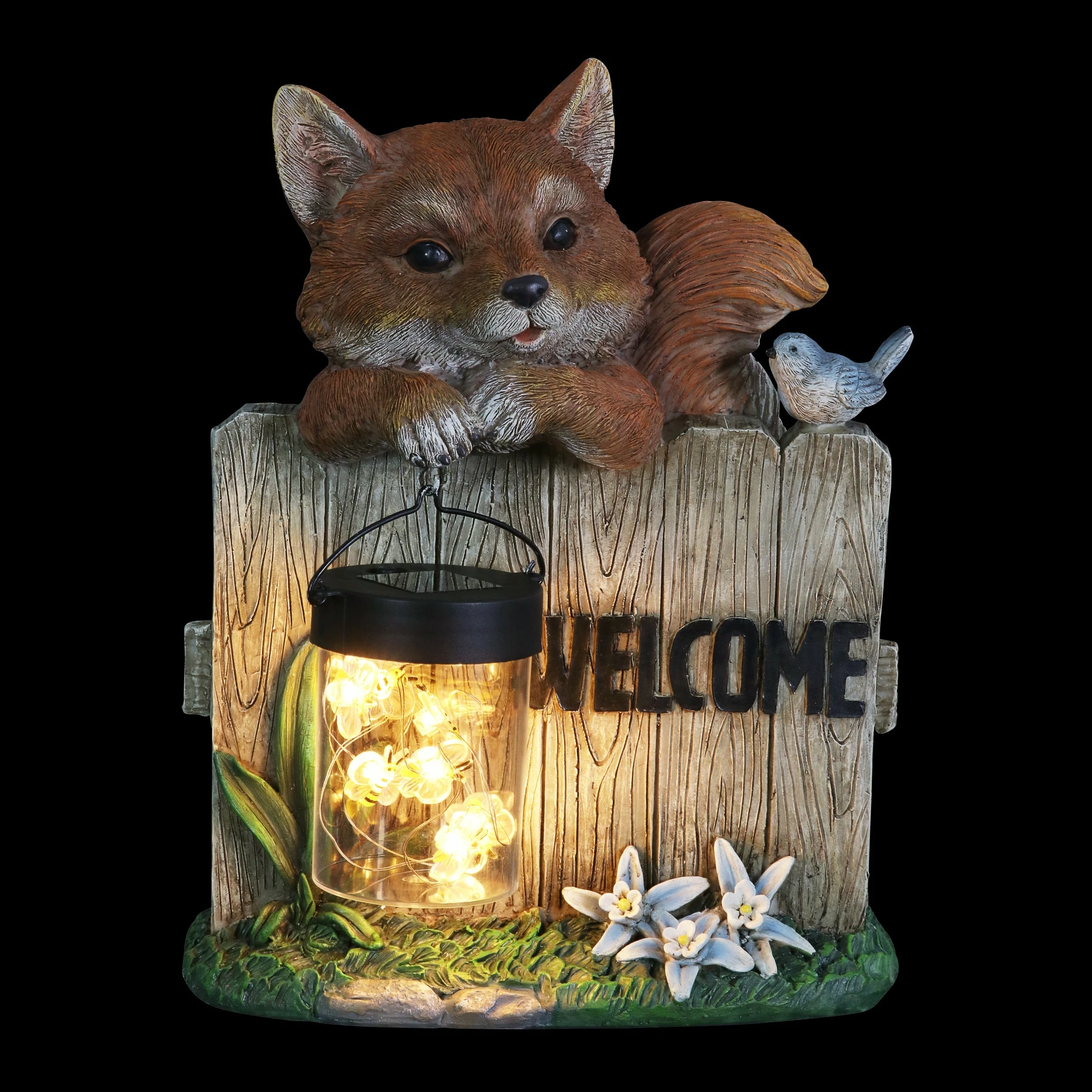 New π€© Budget π Exhart Solar Hand Painted Fox Garden Statue With A Lantern Jar Of LED Bumblebees By A Welcome Fence, 9.5 By 11 Inches π β - Image 11