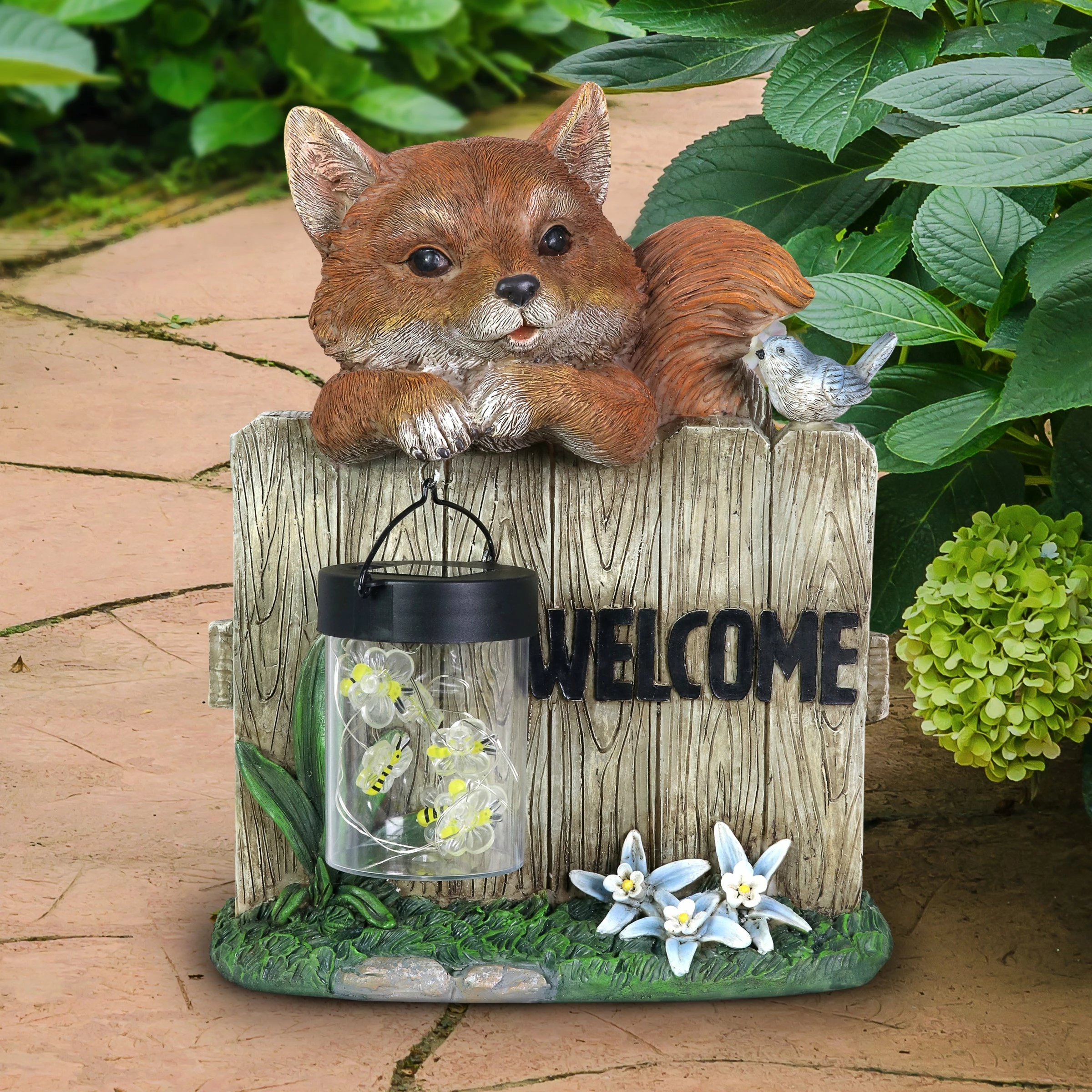 New π€© Budget π Exhart Solar Hand Painted Fox Garden Statue With A Lantern Jar Of LED Bumblebees By A Welcome Fence, 9.5 By 11 Inches π β - Image 3