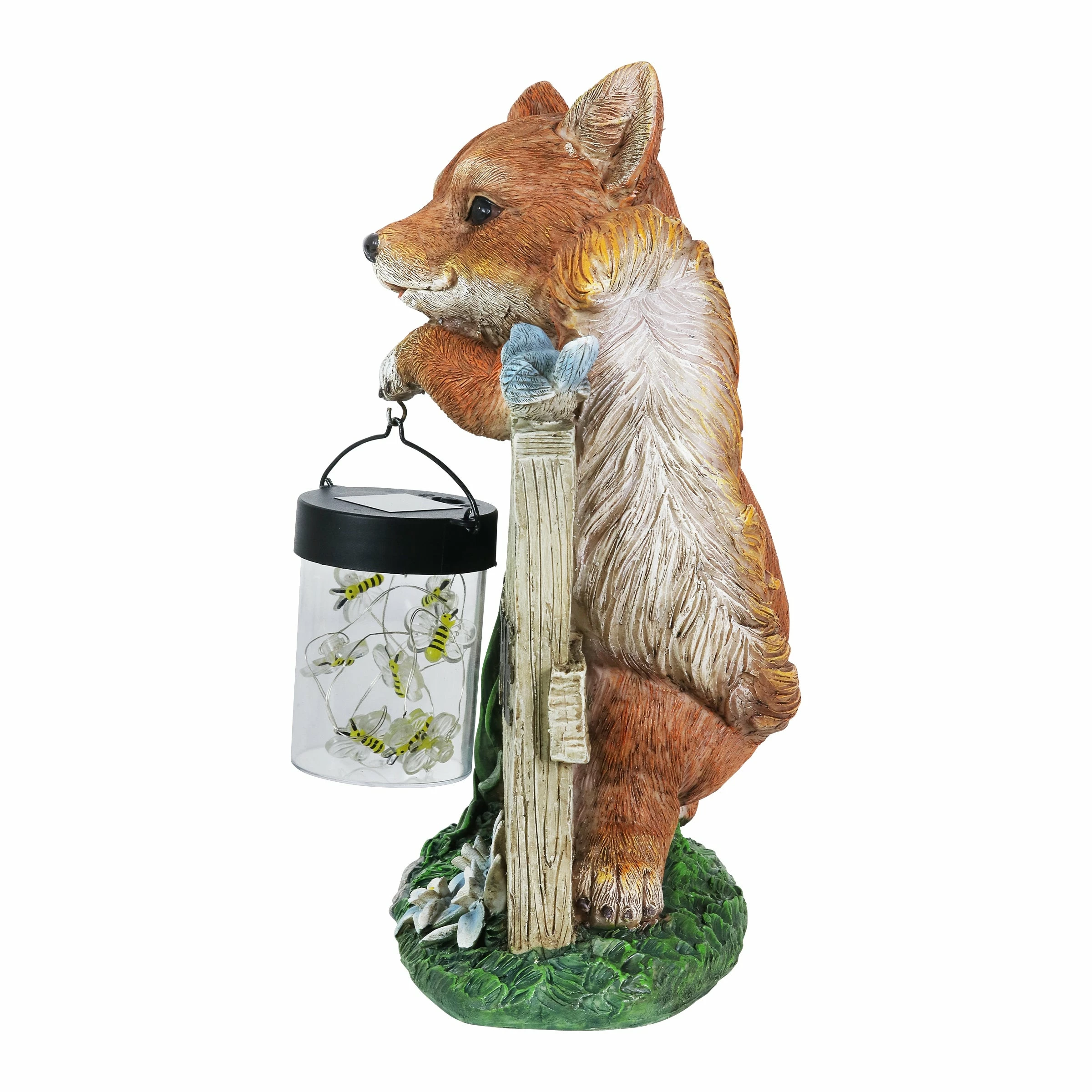 New π€© Budget π Exhart Solar Hand Painted Fox Garden Statue With A Lantern Jar Of LED Bumblebees By A Welcome Fence, 9.5 By 11 Inches π β - Image 9