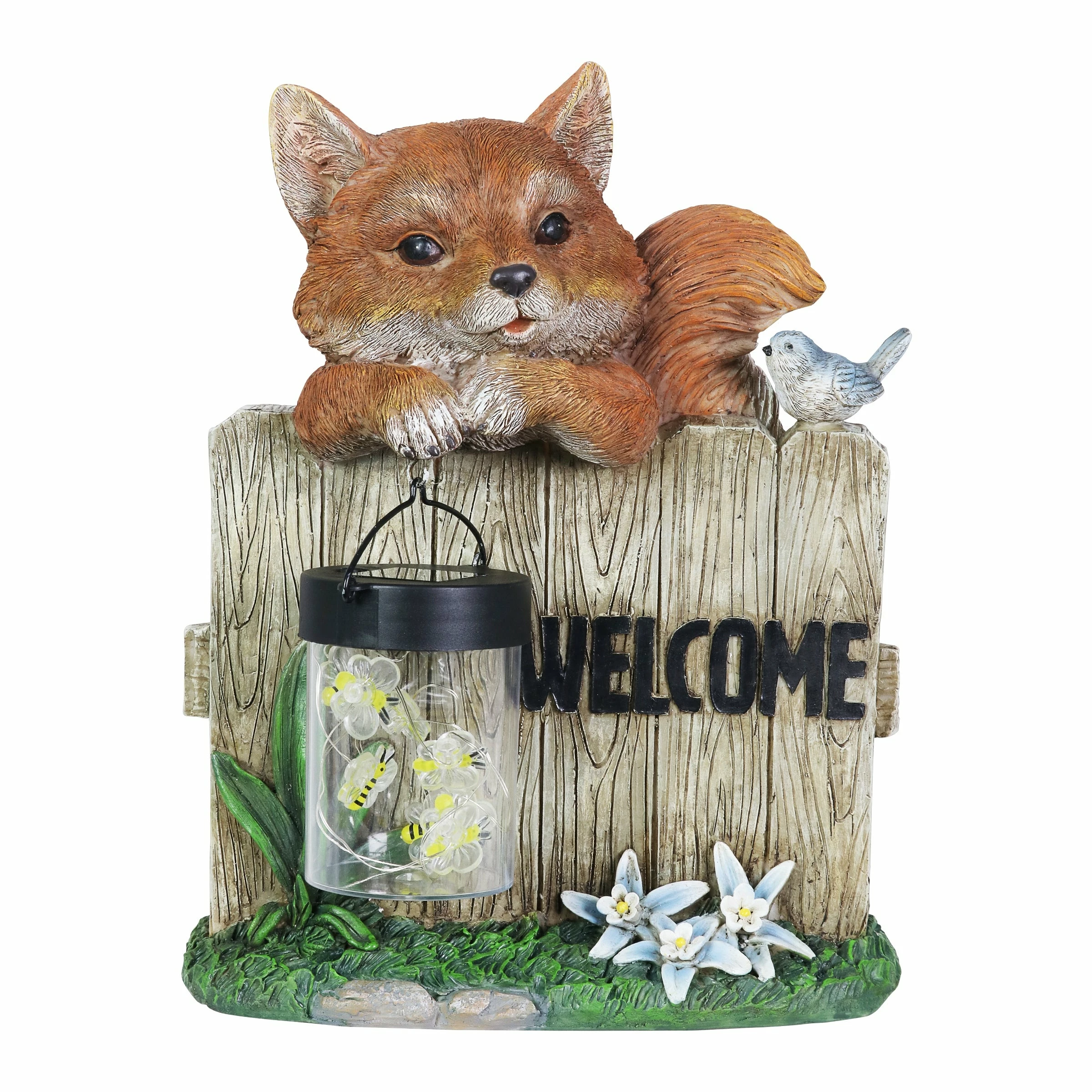 New π€© Budget π Exhart Solar Hand Painted Fox Garden Statue With A Lantern Jar Of LED Bumblebees By A Welcome Fence, 9.5 By 11 Inches π β