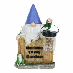 Budget 🤩 Promo ✨ Exhart Solar Hand Painted Gnome Statue With A Lantern Jar Of LED Fireflies By A Welcome Fence, 8.5 By 12.5 Inches 😀 😍