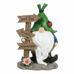 Coupon 🔥 Flash Sale 🌟 Exhart Solar Hand Painted Gnome With Leaf Hat By A Street Sign Garden Statue, 7.5 By 11 Inches 🔔 👍