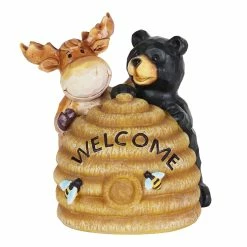 Brand new 🧨 Outlet 😀 Exhart Solar Hand Painted Welcome Bee Hive Statuary With Bear And Moose, 8.5 By 8.5 Inches 🎁 ⭐
