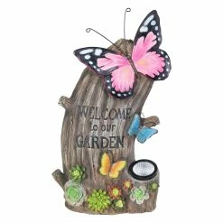 Best Sale 🤩 Best Pirce 🧨 Exhart Solar Hand Painted Welcome Tree Stump Statuary With Butterflies And Succulents, 17 Inch 💯 👏