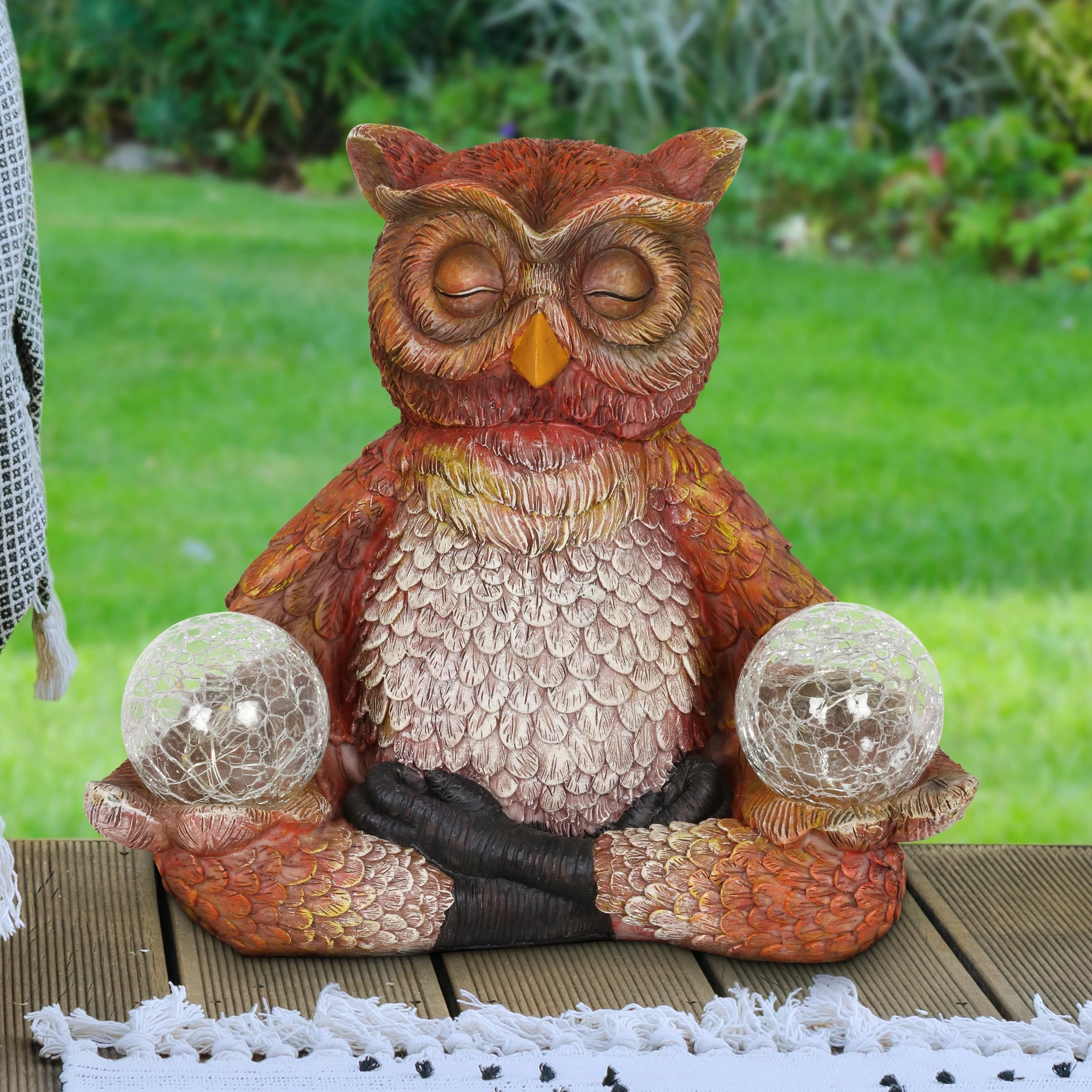 Hot Sale β¨ Top 10 β¨ Exhart Solar Meditating Yoga Owl With Two Crackle Glass Firefly Balls Garden Statue π π - Image 3