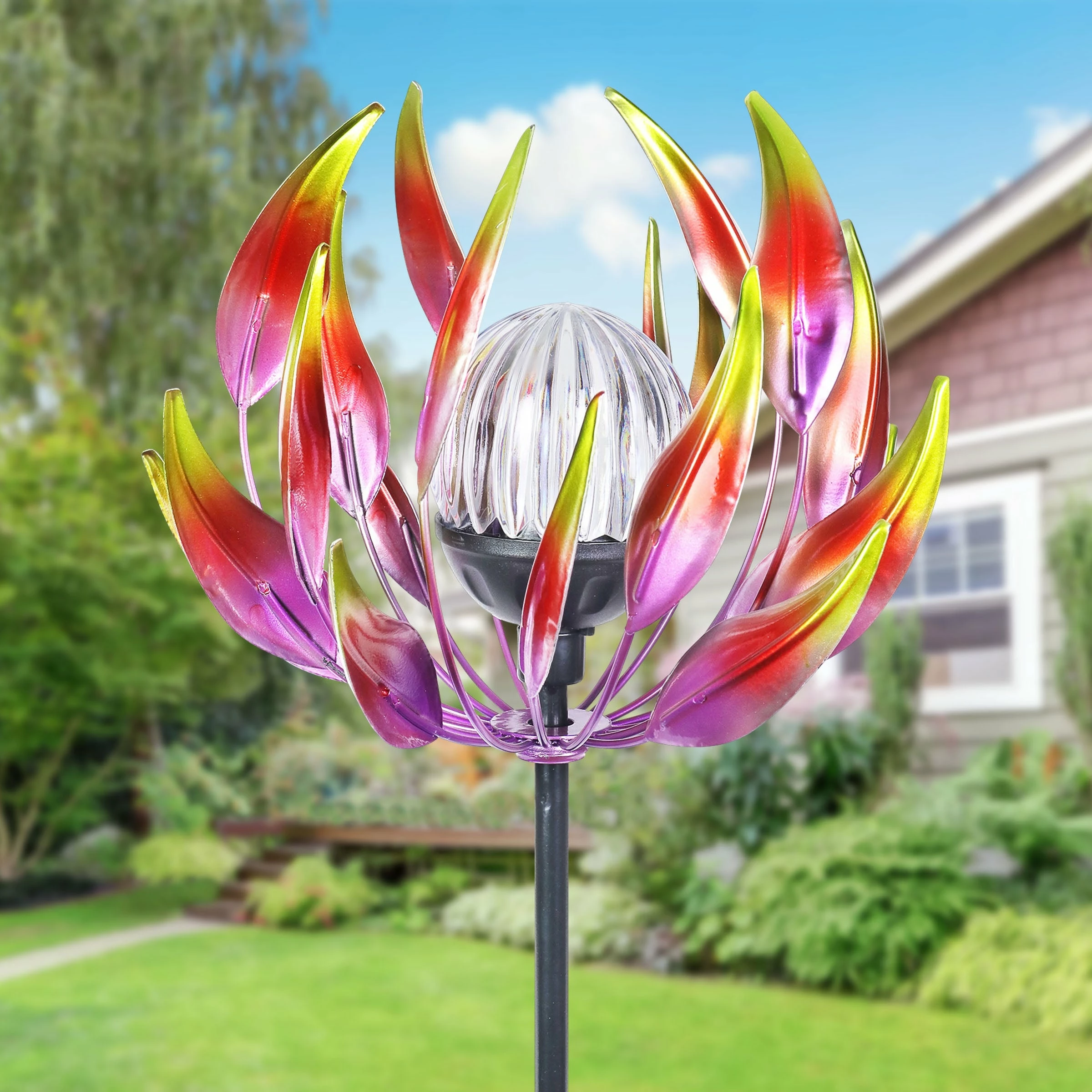 Coupon π Wholesale π― Exhart Solar Metal Spinning Flower Stake With LED Ball, 10 By 42 Inches Blue π π - Image 3