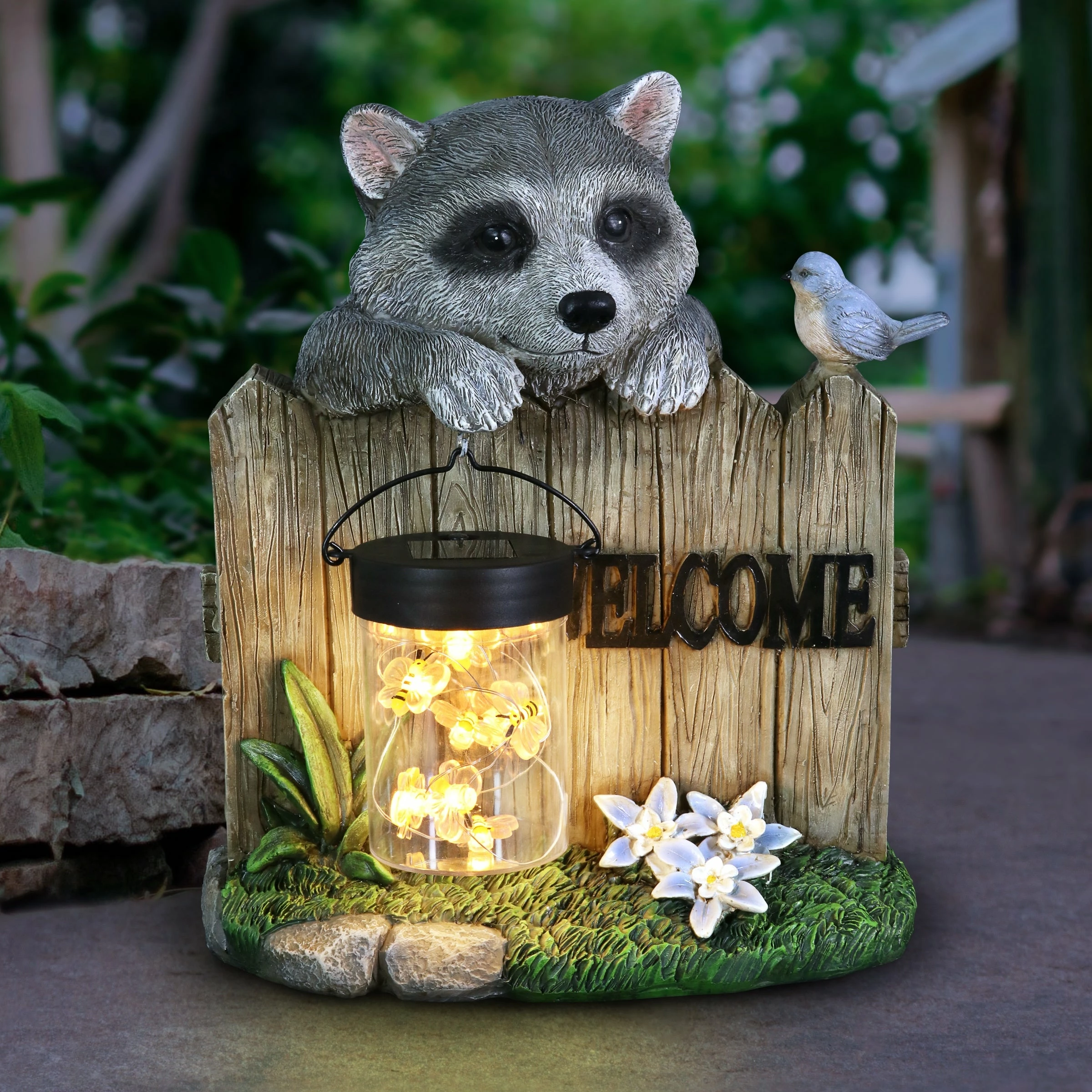 Cheapest π Buy β Exhart Solar Raccoon Garden Statue With A Lantern Jar Of LED Bumblebees By A Welcome Fence, 9 By 10.5 Inches β β - Image 2