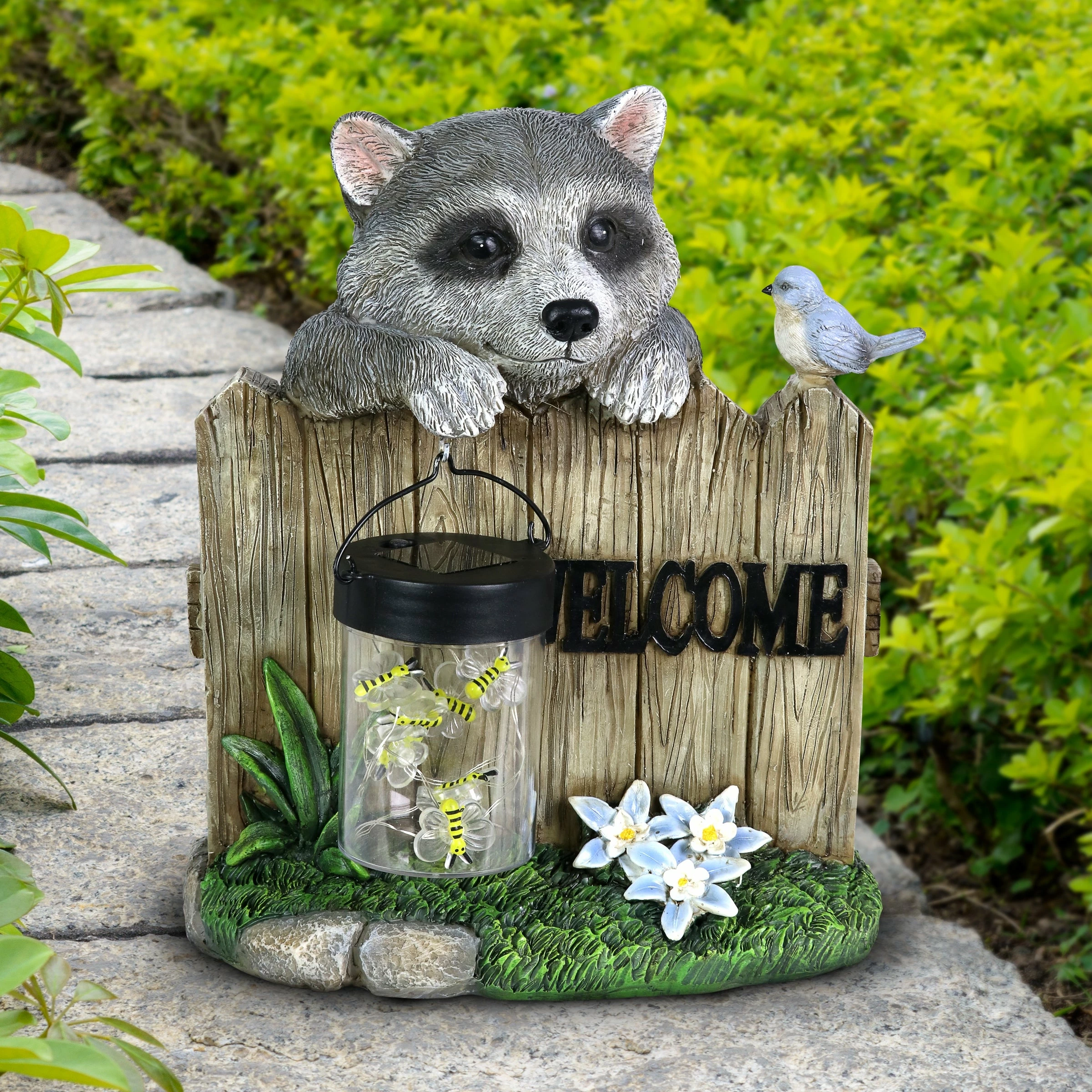 Cheapest π Buy β Exhart Solar Raccoon Garden Statue With A Lantern Jar Of LED Bumblebees By A Welcome Fence, 9 By 10.5 Inches β β - Image 3