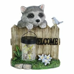 Cheapest 🎉 Buy ⌛ Exhart Solar Raccoon Garden Statue With A Lantern Jar Of LED Bumblebees By A Welcome Fence, 9 By 10.5 Inches ⭐ ⌛
