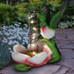 Discount 🥰 Outlet 👍 Exhart Solar Rain Gauge On Flower With Hummingbird Garden Statuary, 7 Inch Red ❤️ 🎉