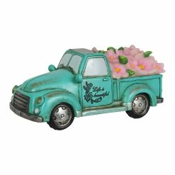 Outlet ✨ Discount 😀 Exhart Solar Retro Blue Truck With LED Pink LED Flowers Garden Statuary, 5 Inch ⭐ ❤️