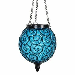 New 🧨 Outlet 👍 Exhart Solar Round Glass And Metal Hanging Lantern With 15 LED Fairy Firefly String Lights, 7 By 21 Inches Blue 🛒 😍