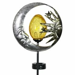 Cheap ❤️ Brand new 🎉 Exhart Solar Silver Sun And Moon Garden Stake With Amber Glass Center, 8 By 38 Inches ⭐ 🎉
