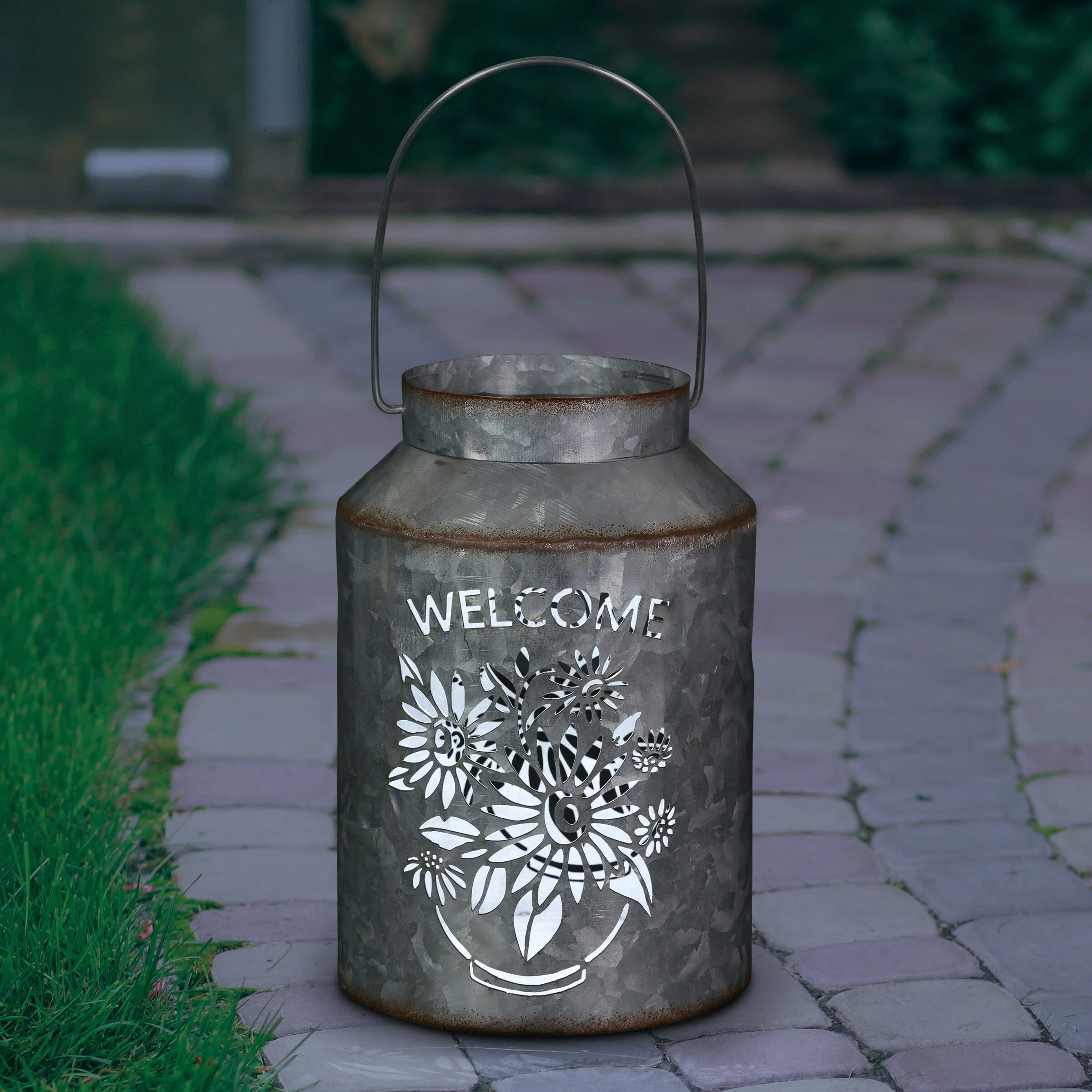 Discount π Discount π₯ Exhart Solar Stamped Metal Flower Design Lantern Reads Welcome, 8 Inch π€© π - Image 2