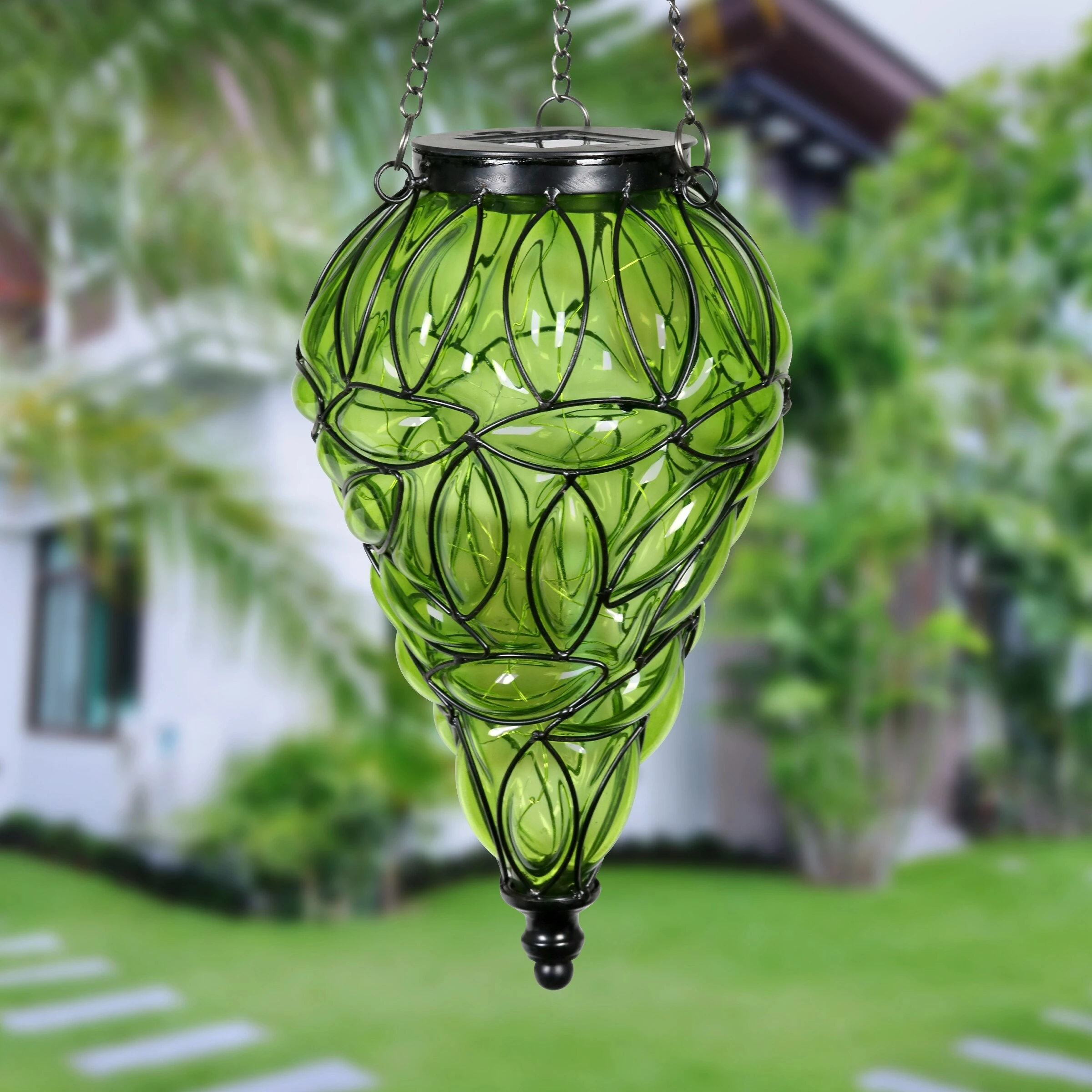 Outlet π Promo π Exhart Solar Tear Shaped Hand Blown Glass Hanging Lantern With Fifteen LED Lights, 7 By 24 Inches π βοΈ - Image 3